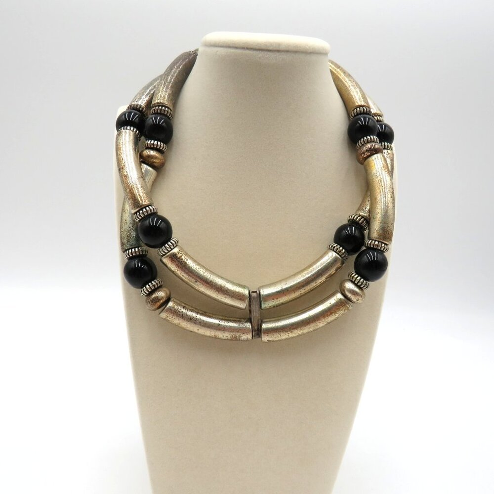 Vintage Silver Tone Double Strand Bead Necklace Black‎ Glass Statement Jewelry